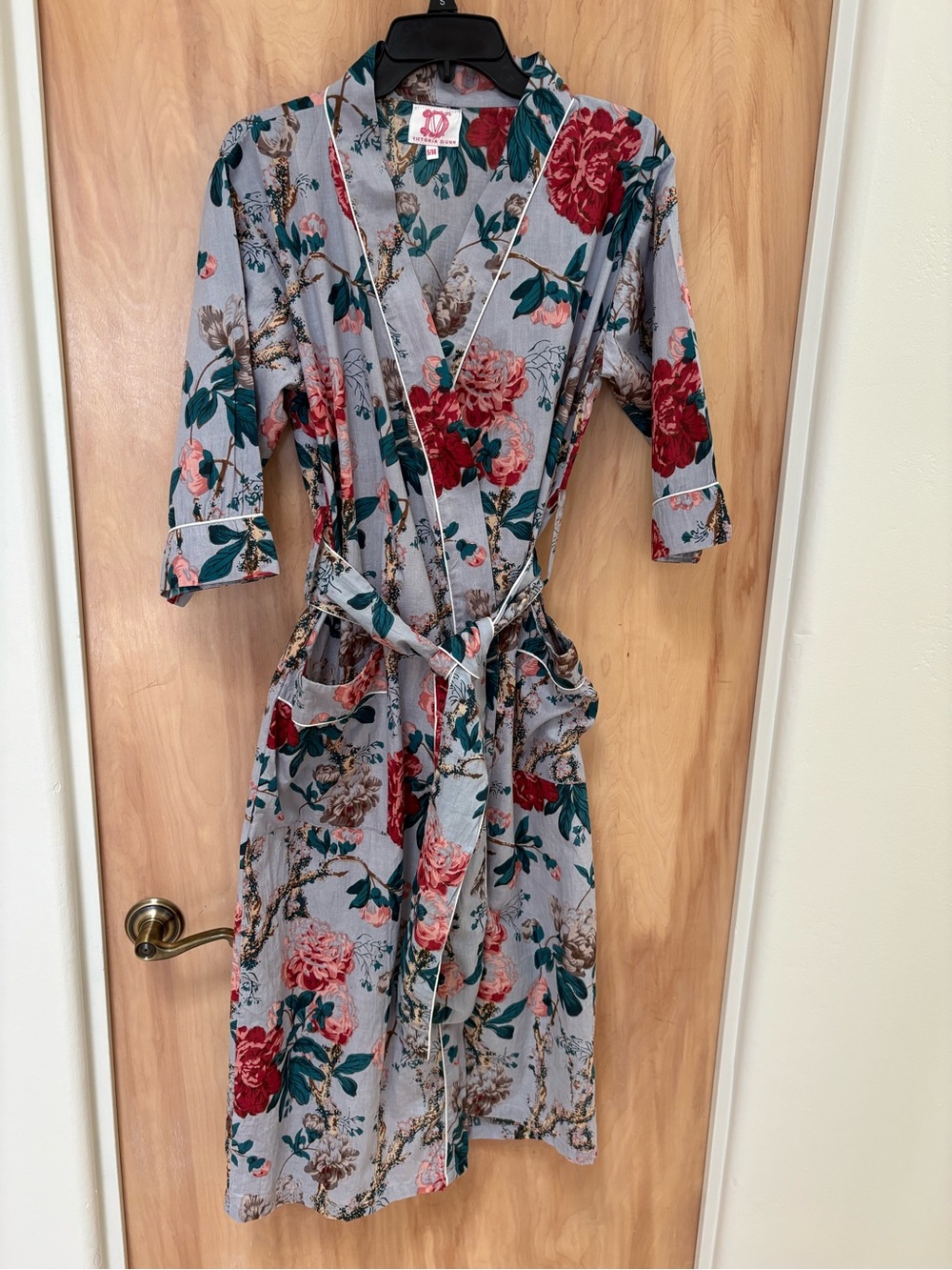Victoria Dunn Blue Floral Wrap Midi Dress with Red & Green Blooms